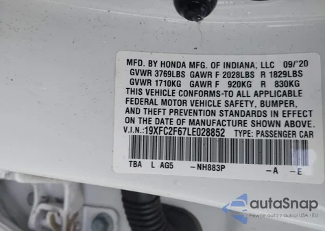 2020 Honda Civic Lx from USA, damaged, VIN 19XFC2F67LE028852